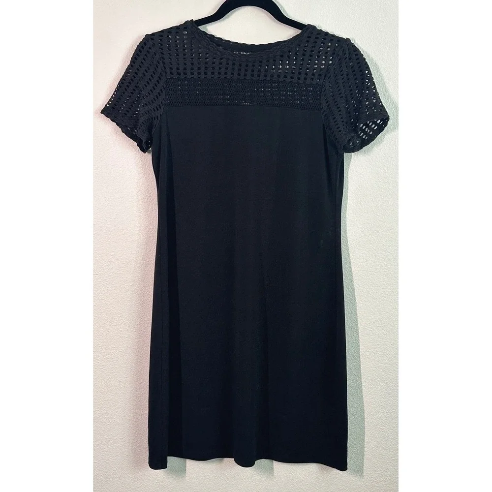 Michael Kors Mesh Top Black Shortsleeve Flowy Midi Pullover Dress‎ Womens Size S